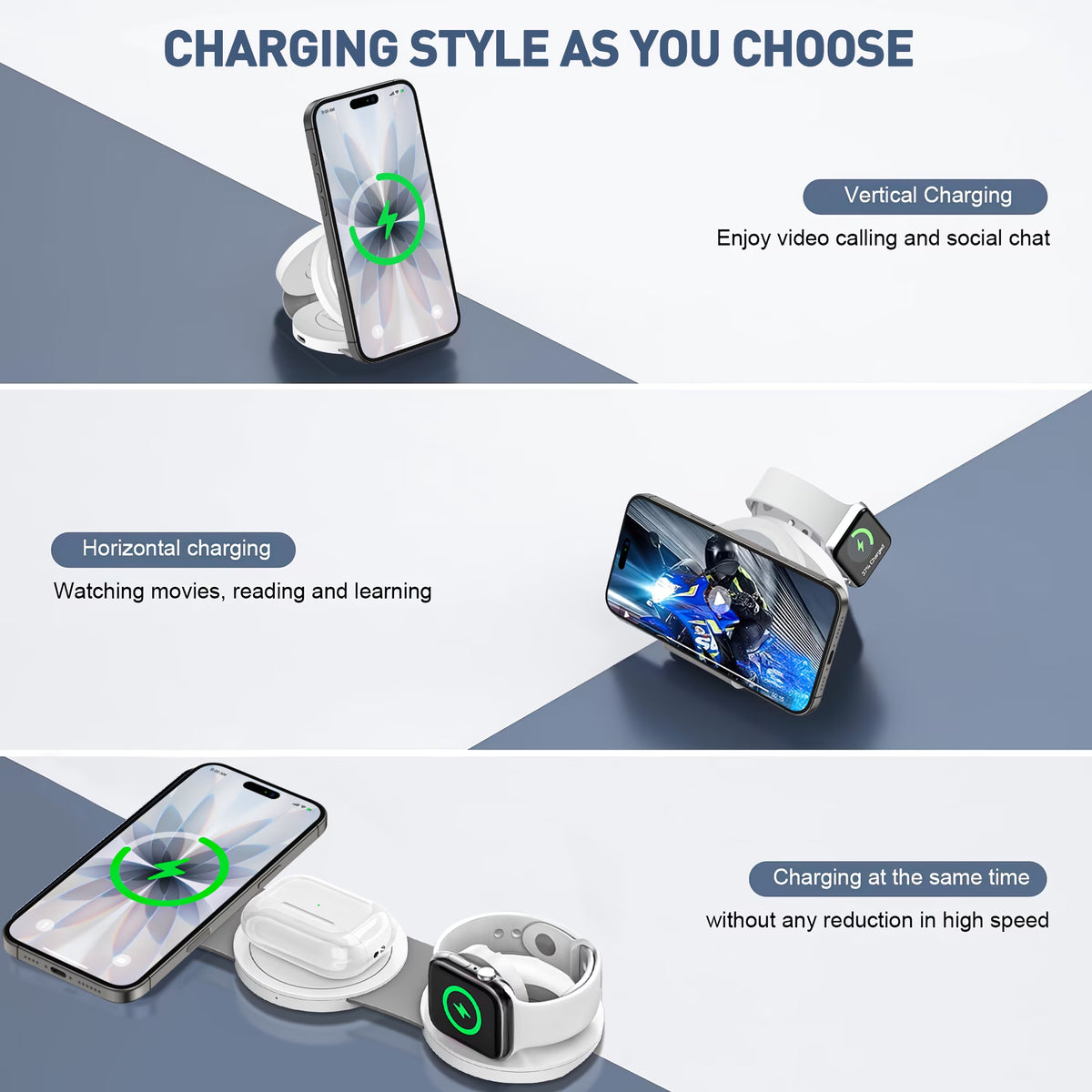 3-in-1 Wireless Charging Station for iPhone Devices - 15W Fast Charger Stand Compatible with iPhone 16/15/14/13/12 Pro Max, AirPods 3/2/Pro, and Apple Watch Series 9/8/7/6/SE/5/4