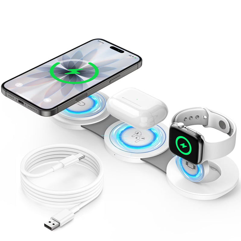 3-in-1 Wireless Charging Station for iPhone Devices - 15W Fast Charger Stand Compatible with iPhone 16/15/14/13/12 Pro Max, AirPods 3/2/Pro, and Apple Watch Series 9/8/7/6/SE/5/4