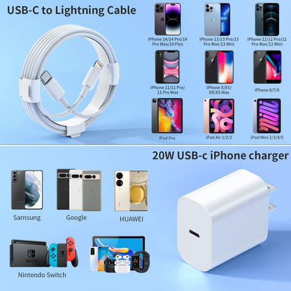 20W Dual-Pack Type C Charger with 6Ft USB-C Cable, PD Fast Charging Compatible with iPhone, iPad, and iPod