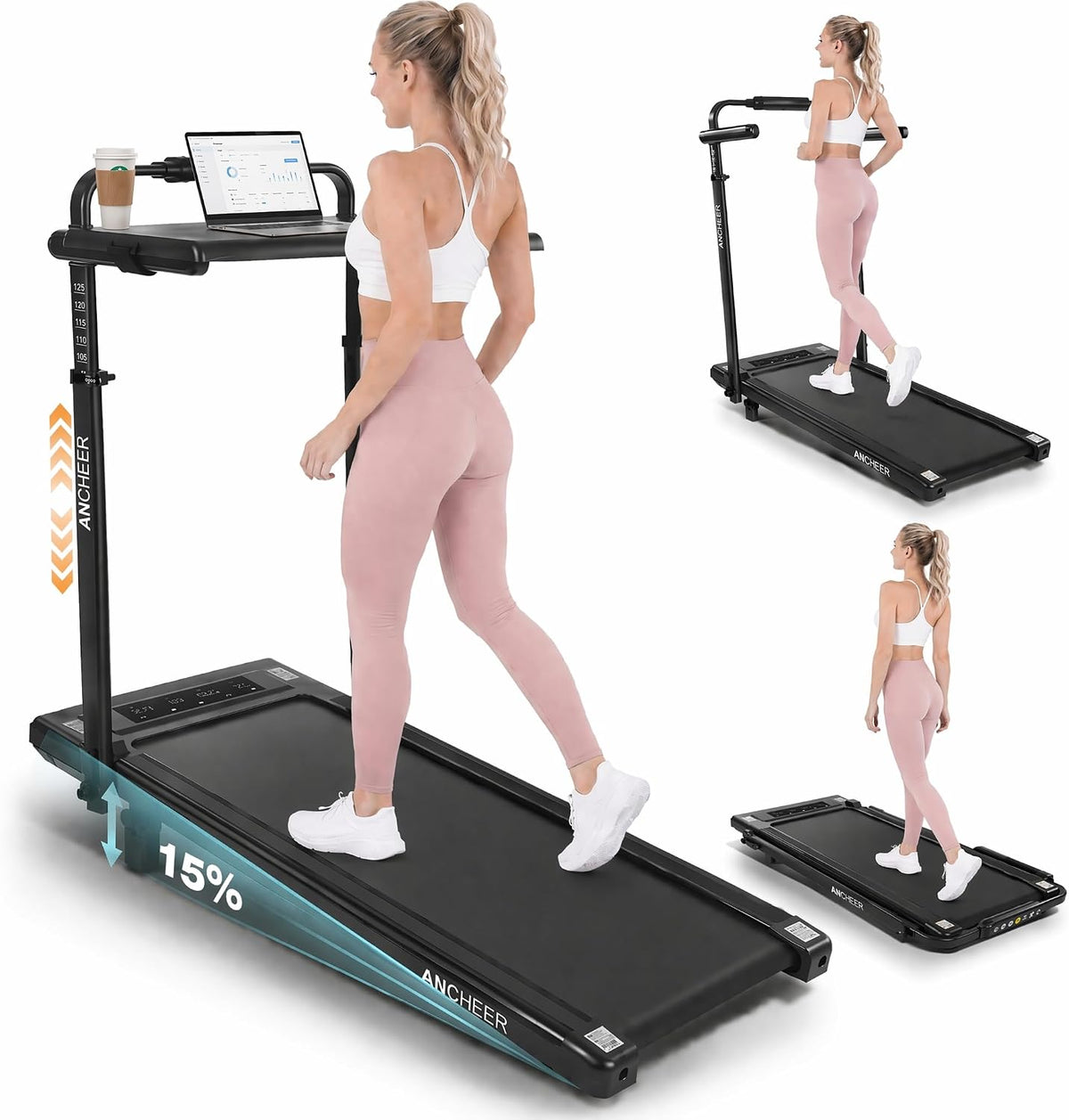 Height-Adjustable Desk Treadmill with 15% Incline for Home Office Workout