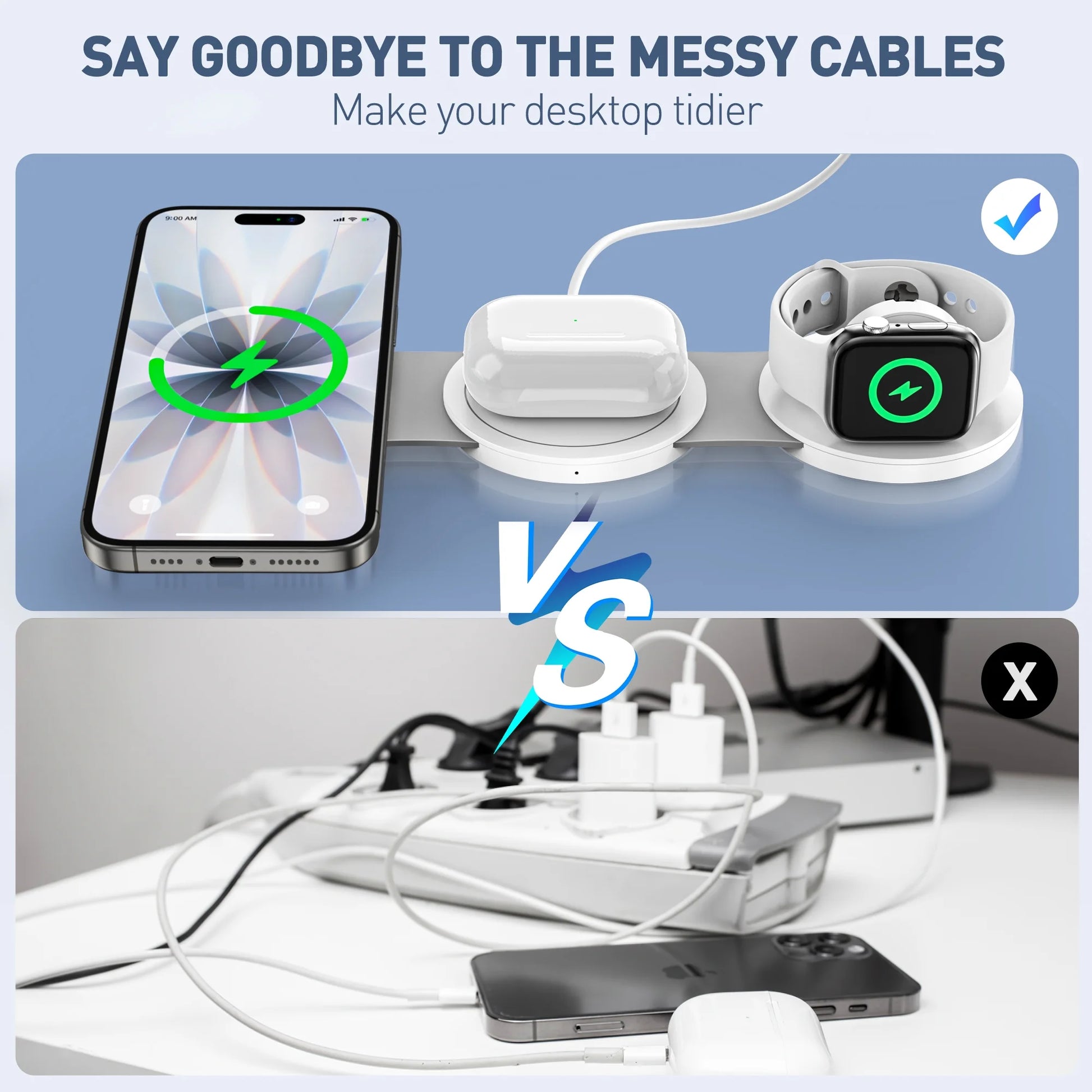 3-in-1 Wireless Charging Station for iPhone Devices - 15W Fast Charger Stand Compatible with iPhone 16/15/14/13/12 Pro Max, AirPods 3/2/Pro, and Apple Watch Series 9/8/7/6/SE/5/4