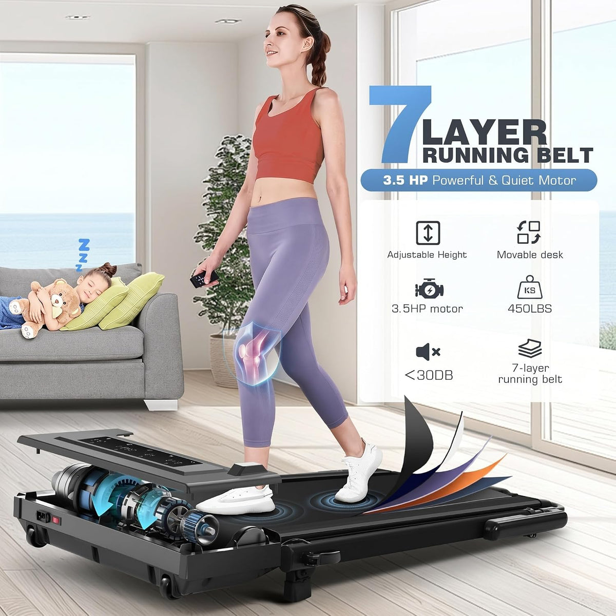 Height-Adjustable Desk Treadmill with 15% Incline for Home Office Workout