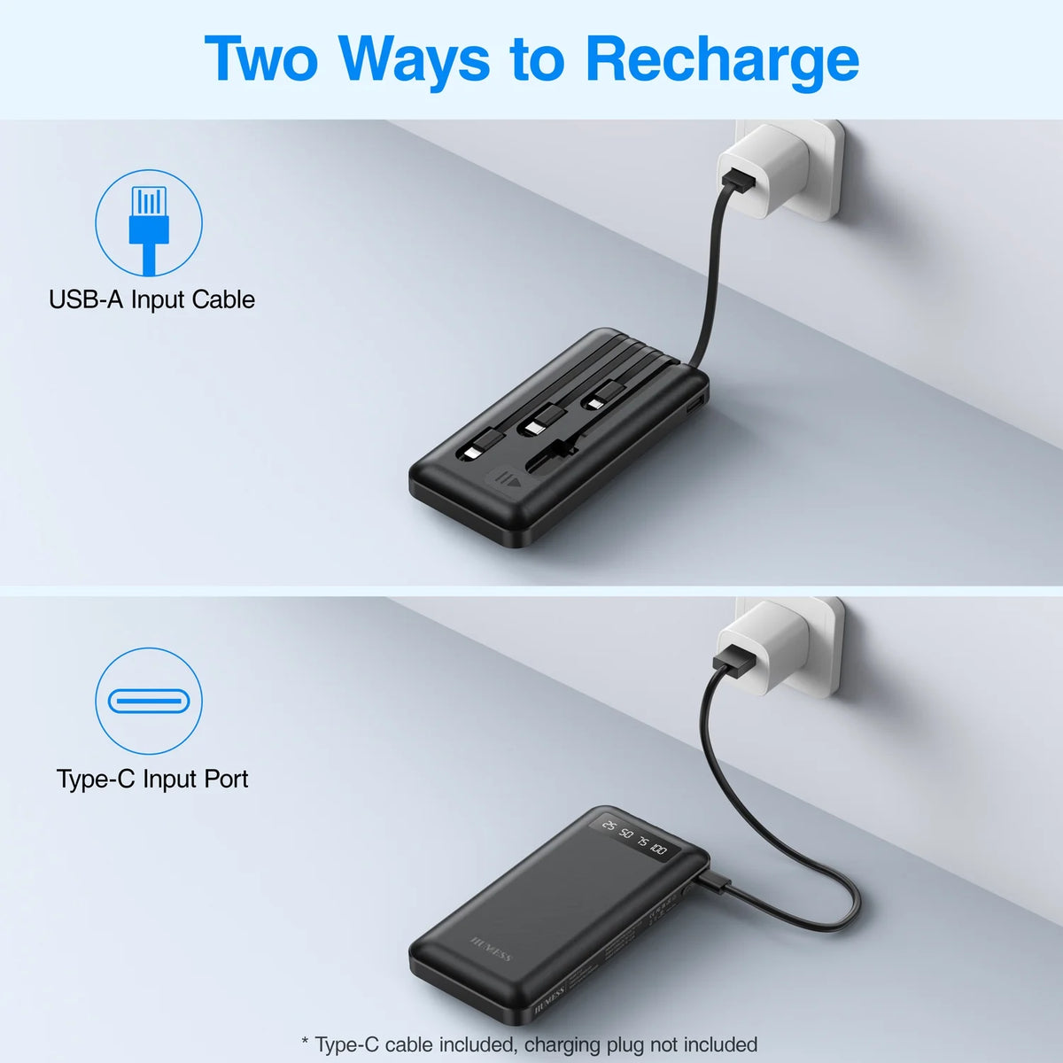 20,000mAh Portable Power Bank Charger with Cables for iPhone and Android Devices