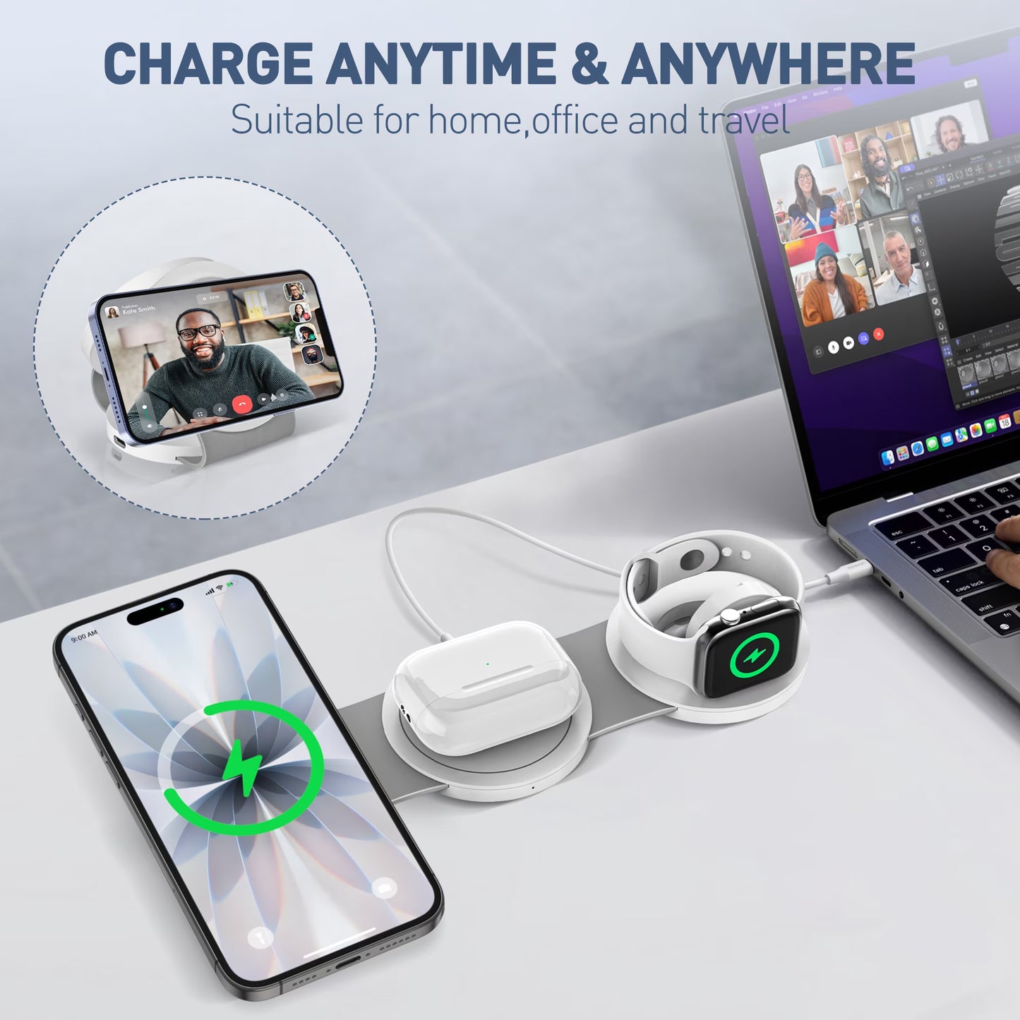 3-in-1 Wireless Charging Station for iPhone Devices - 15W Fast Charger Stand Compatible with iPhone 16/15/14/13/12 Pro Max, AirPods 3/2/Pro, and Apple Watch Series 9/8/7/6/SE/5/4