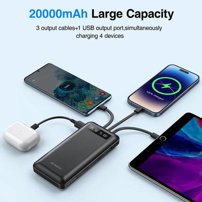 20,000mAh Portable Power Bank Charger with Cables for iPhone and Android Devices