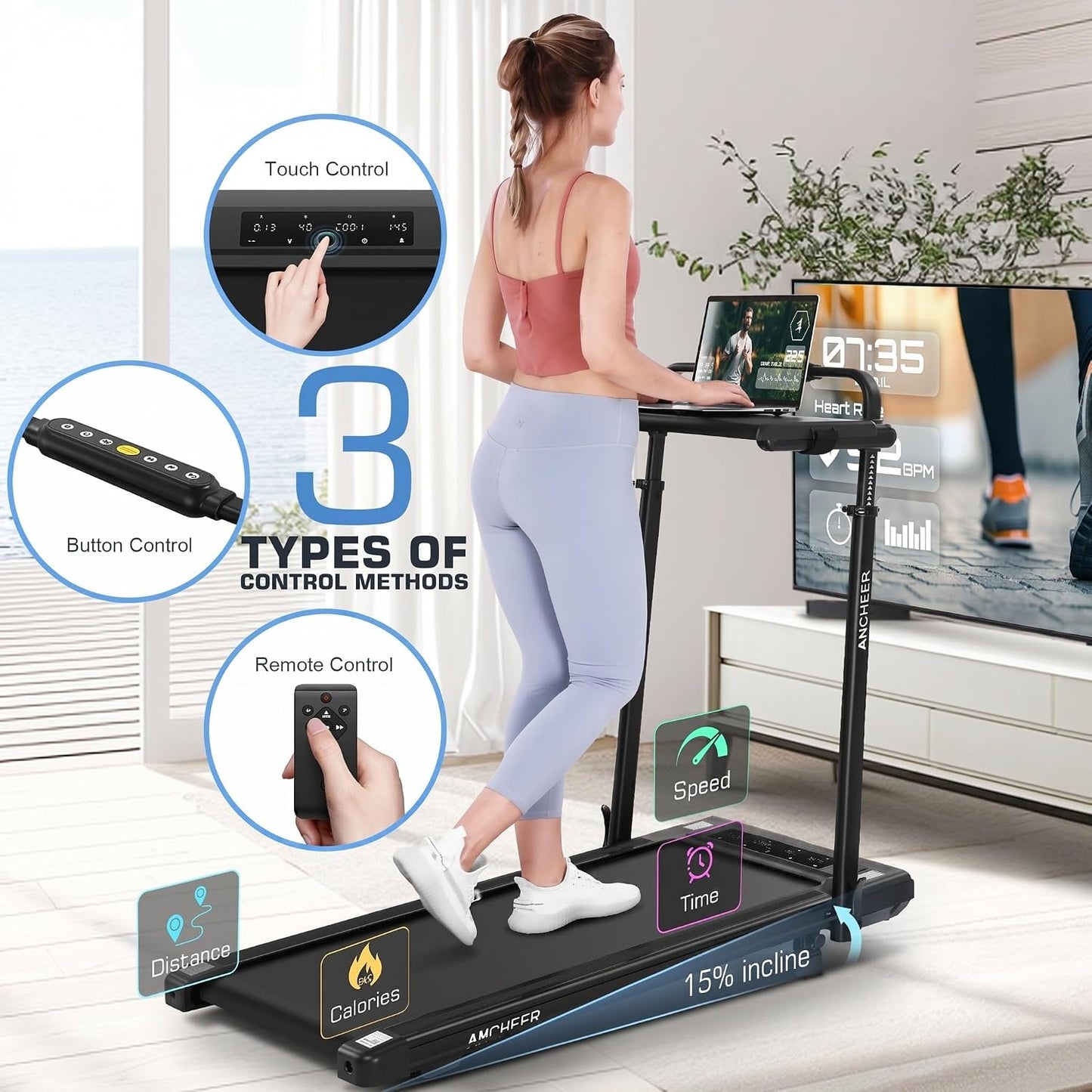 Height-Adjustable Desk Treadmill with 15% Incline for Home Office Workout