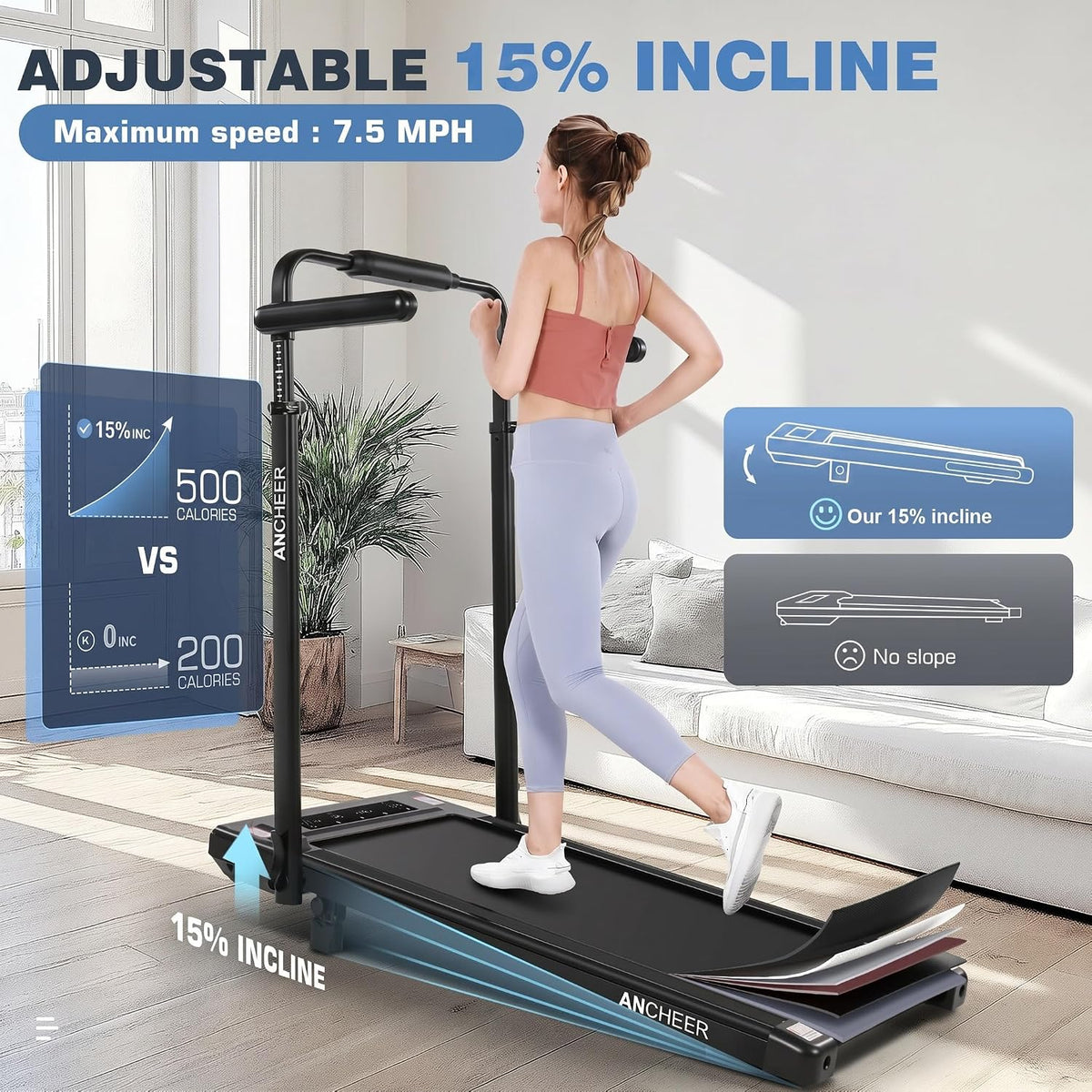 Height-Adjustable Desk Treadmill with 15% Incline for Home Office Workout